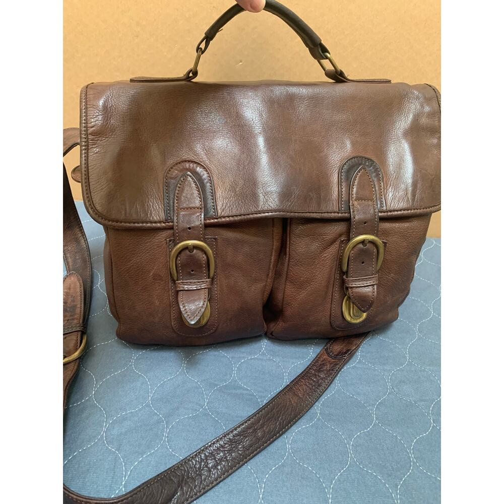 WILSONS LEATHER Large Vintage Unisex Distressed Top Handle DBL Pocket Msgr Bag